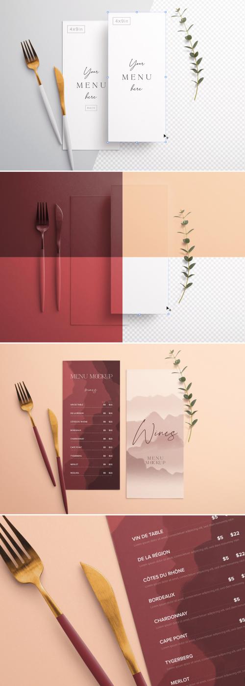 Menu on Table with Cutlery and Eucalyptus Mockup - 367817338