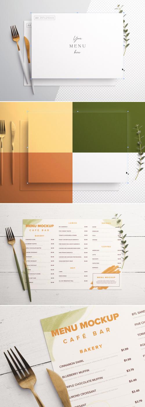 Menu on Table with Cutlery and Eucalyptus Mockup - 367817752