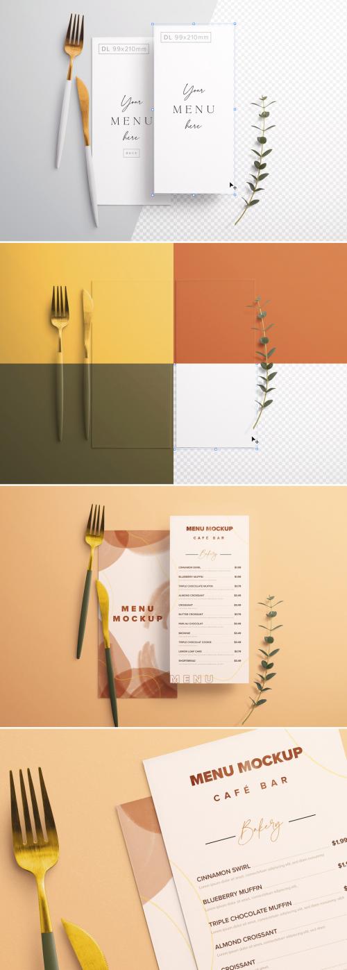 Menu on Table with Cutlery and Eucalyptus Mockup - 367818270