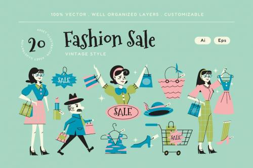 Green Vintage Fashion Sale Illustration Set