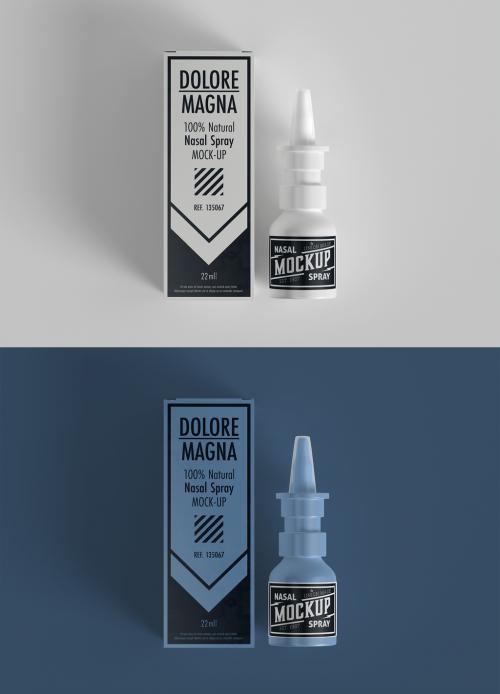 Medical Packaging Mockup with Nasal Spray Bottle and Cardboard Box - 367850052