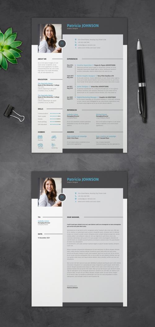 Simple Resume and Cover Letter with Blue and Grey Accents - 368506437