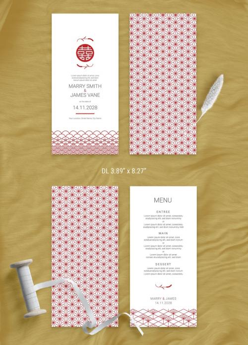 Wedding Menu Layout with Geometric Asian Style Pattern - 369288341