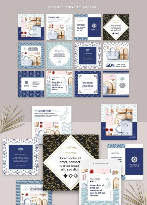 Social Media Layouts with Blue Geometric Asian Style Patterns - 369288352