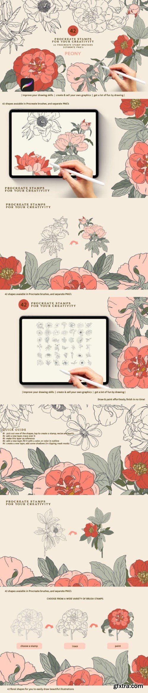 Peony Stamps Procreate Brushes - Floral