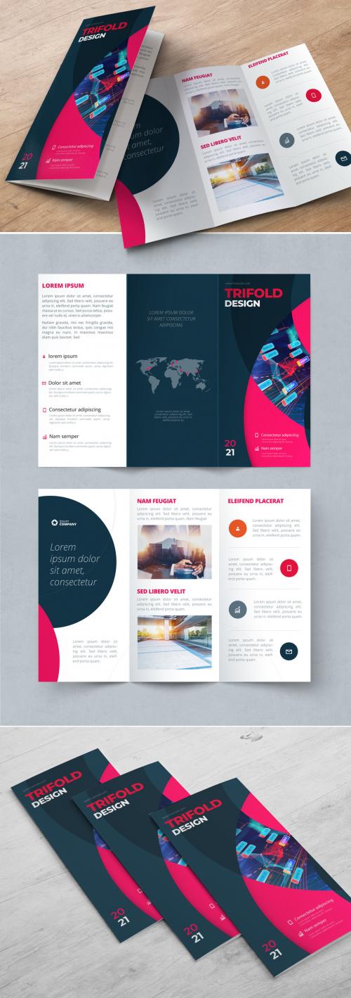 Dark Trifold Brochure Layout with Pink Circles - 370641899