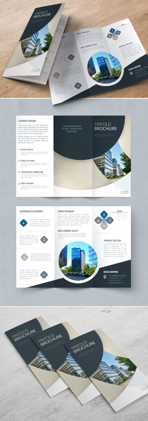 Trifold Brochure Layout with Dark and Biege Circles - 370641900