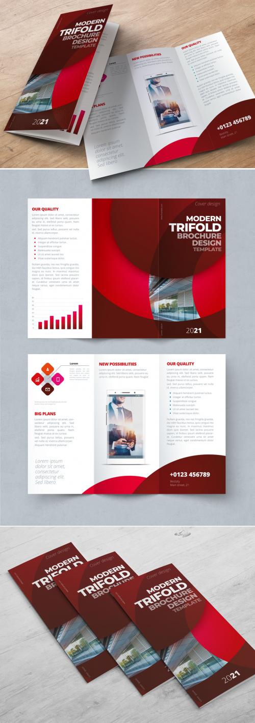 Dark Red Trifold Brochure Layout with Circles - 370641909