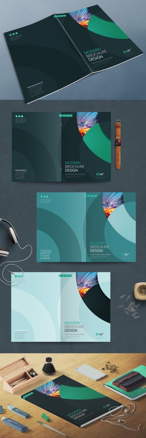 Business Report Cover Layout with Teal Circle - 370642154