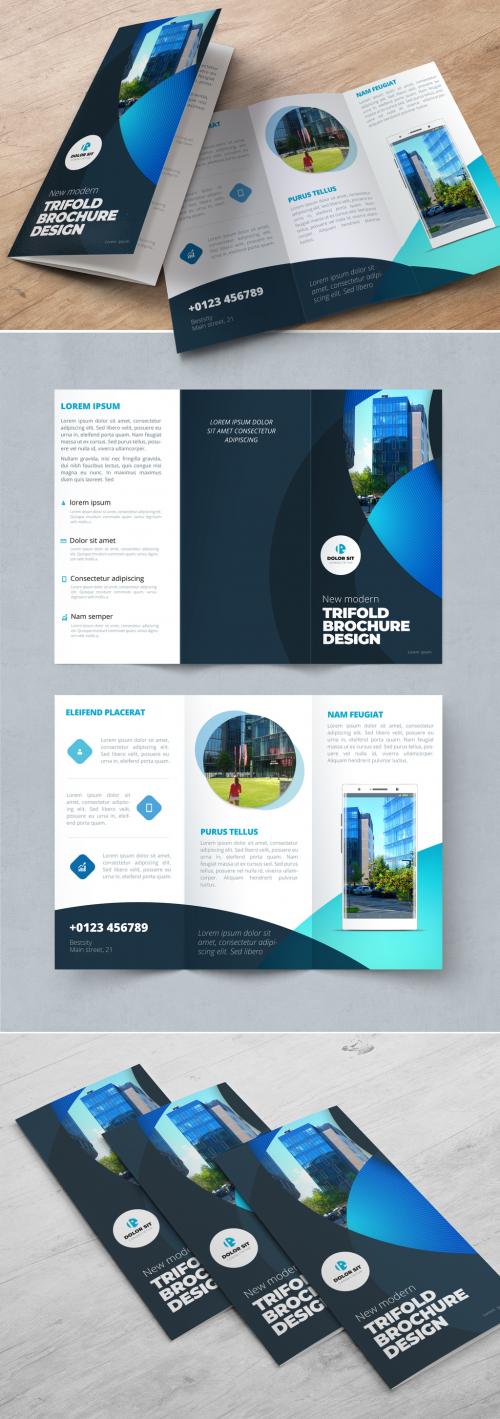 Dark Blue Trifold Brochure Layout with Circles - 370642313