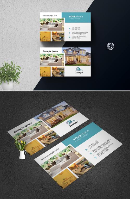 Real Estate Business Card with Teal Box Elements - 371010261