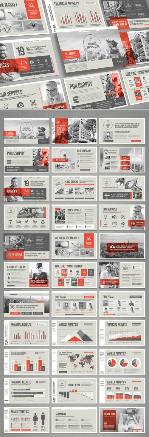 Business Presentation Layout in Beige and Gray with Red Accents - 372032394