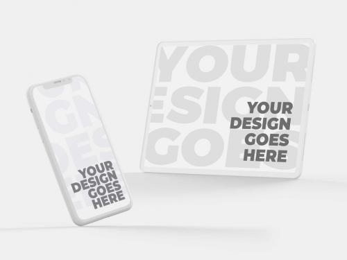 Floating Smartphone and Tablet Mockups in White Clay Style with Realistic Shadows - 372318674