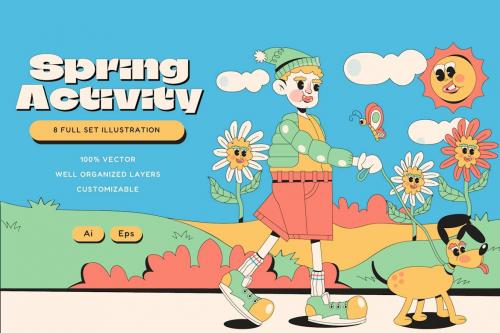 Blue Retro Cartoon Spring Illustration Set