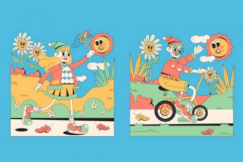 Blue Retro Cartoon Spring Illustration Set