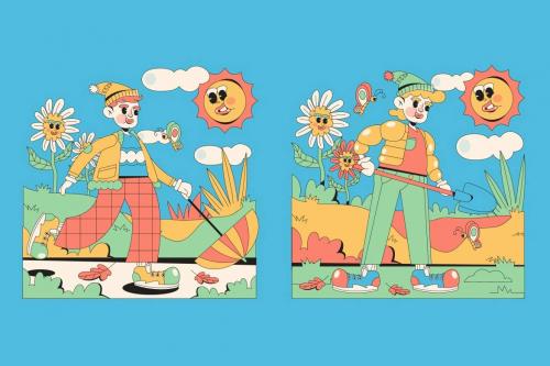 Blue Retro Cartoon Spring Illustration Set