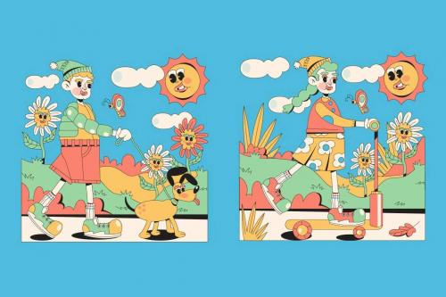 Blue Retro Cartoon Spring Illustration Set