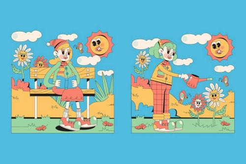 Blue Retro Cartoon Spring Illustration Set