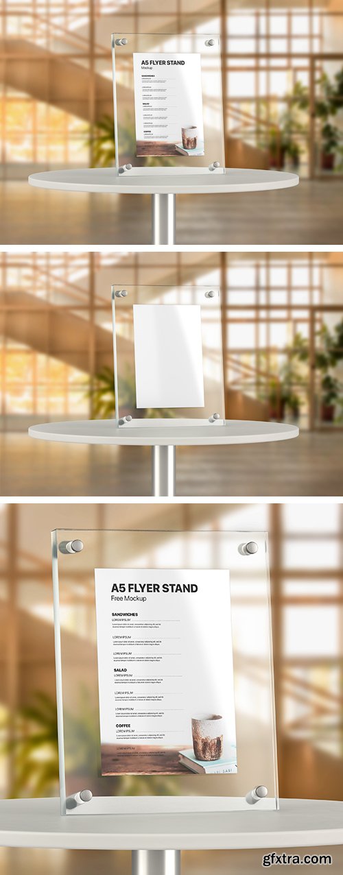 A5 Flyer on Glass Stand PSD Mockup Template