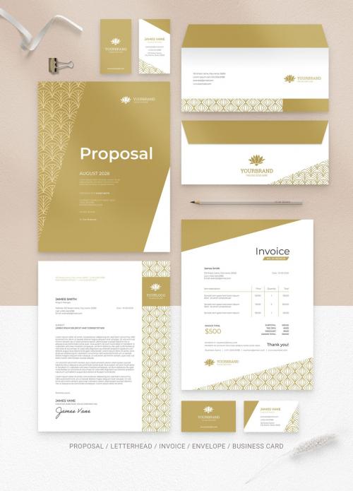 Art Deco Branding Stationery Suite Layout with Yellow Accents - 373743242