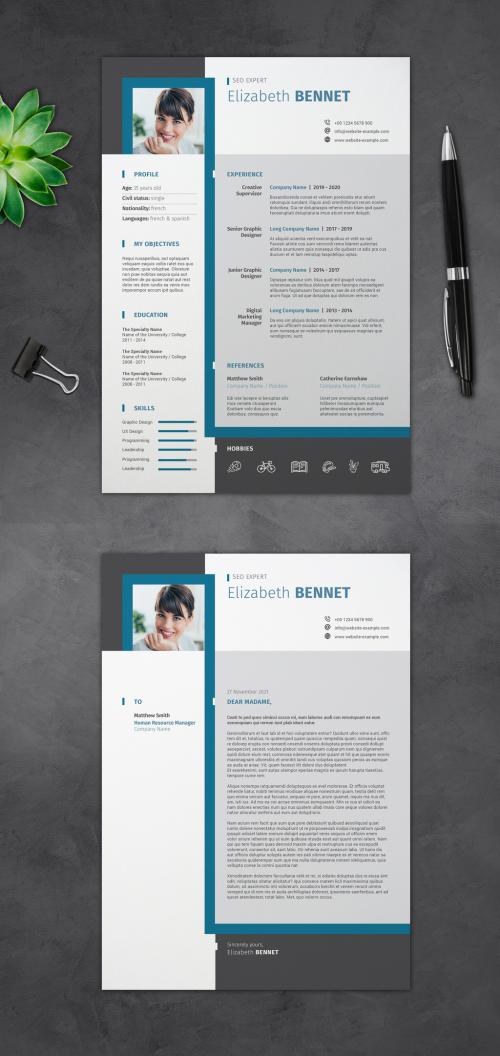 Simple Resume and Cover Letter with Blue and Grey Accents - 374159847