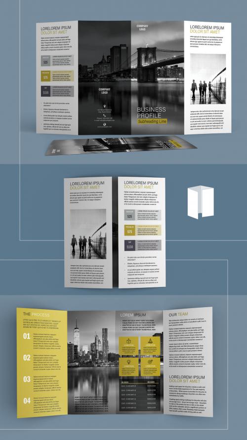 Four Fold Brochure Layout with Gold Accents - 374166397