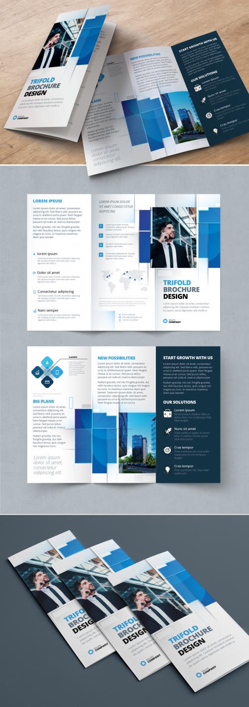 Blue Trifold Brochure Layout with Rectangle Elements - 374944667