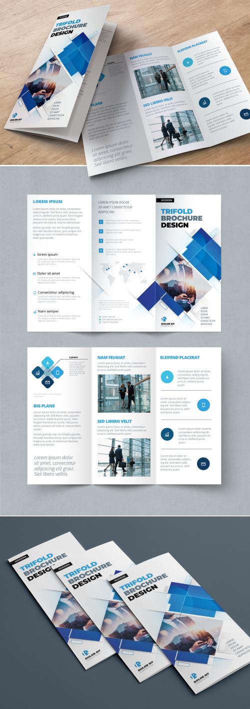 Blue Trifold Brochure Layout with Rectangle Elements - 374944668