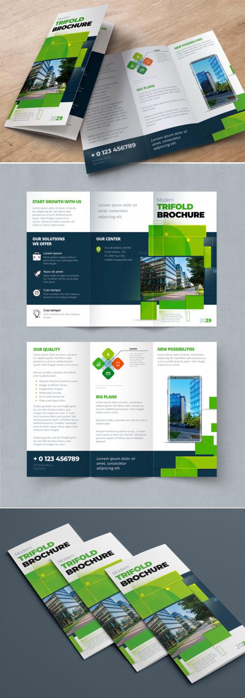 Green Trifold Brochure Layout with Rectangle Elements - 374945053