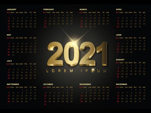 Dark 2021 Calendar Layout with Golden Year Number - 374960298