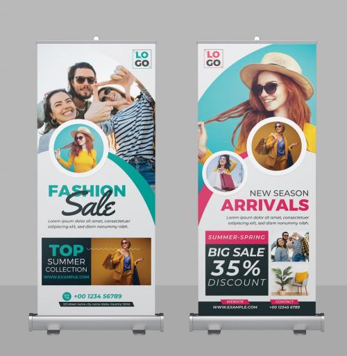 Fashion Sale Roll Up Banner Layout with Blue and Pink Accents - 375655355