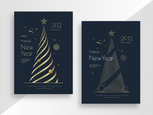 New Year Invitation Card Set with Golden Christmas Tree - 375702176