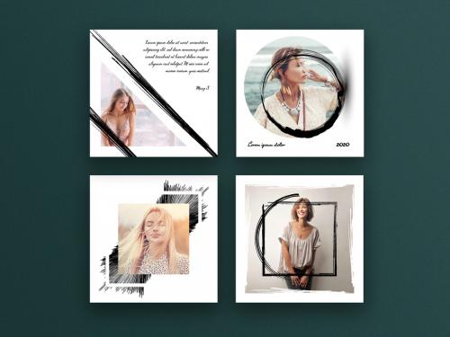 Abstract and Minimalistic Social Media Layouts with Black Brush Elements - 376948834