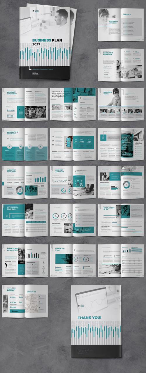 Business Plan Brochure Layout with Blue and Grey Accents - 376954278