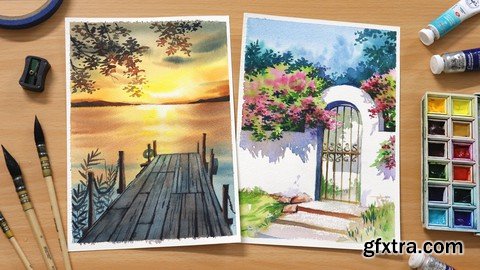 Watercolor Landscapes: Paint A Colorful Garden And Sunset