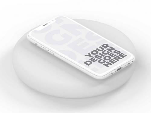 White Clay Smartphone Laid on Light Gray Circle with Isometric View - 376997580