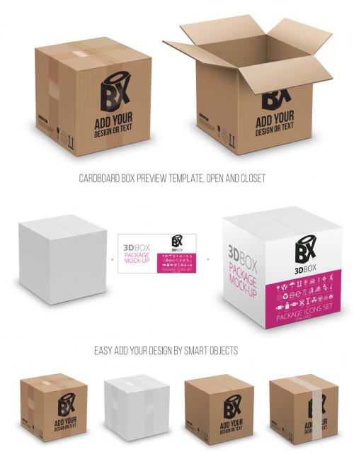 Open and Closed Cardboard Box 3D Preview - 377197076