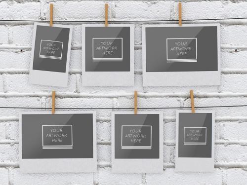 6 Instant Hanging Photos Mockup on White Brick Wall - 377200055