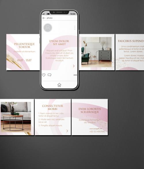 Social Media Carousel Layout Set with Pink and Gold Wave - 378170135