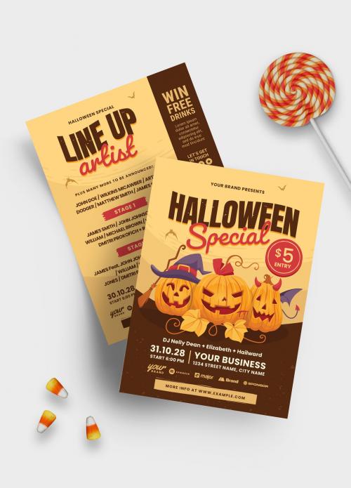 Halloween Flyer Layout with Cheerful Pumpkin Jack O Lanterns - 379454362