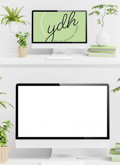 Computer Mockup on Minimal White Desktop with Plants and Books - 379693327