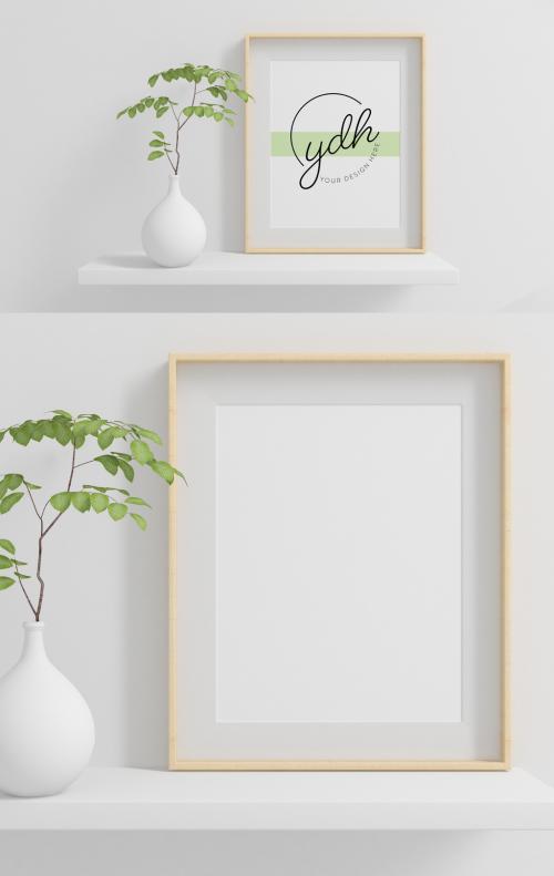 Vertical Frame on a Shelf with Plant Mockup  - 379696076