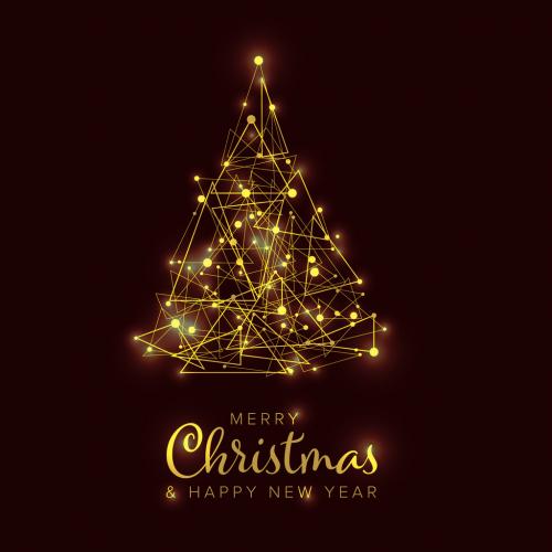 Merry Christmas Card Layout with Golden Christmas Tree - 380030423