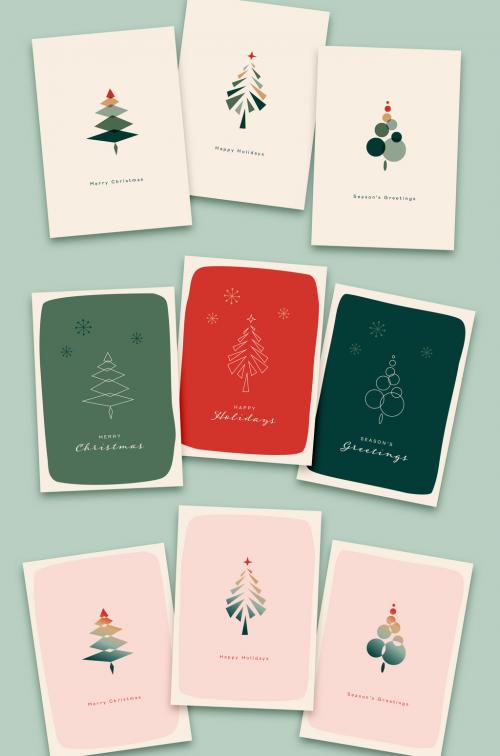 Holiday Card Layout Set with Illustrative Christmas Trees - 382192956