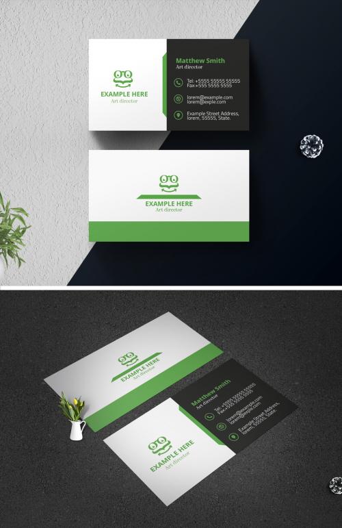 Business Card Layout with Green Accents - 382233554