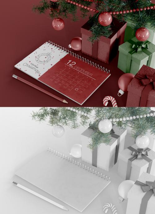 Calendar with Christmas Tree and Gift Box Mockup - 383126589