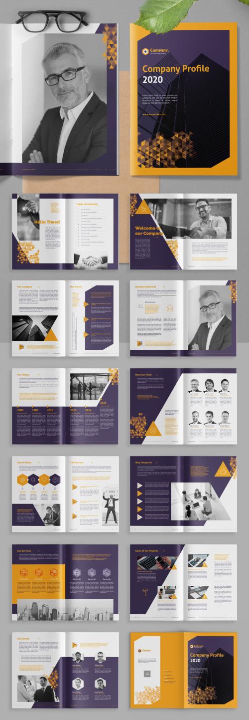 Company Profile Brochure Layout with Yellow Gradient Triangle Elements - 383380366