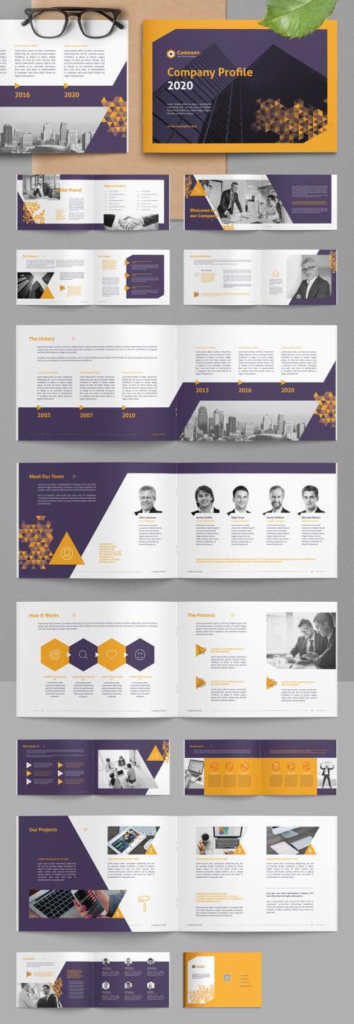 Company Profile Brochure Layout with Yellow Gradient Triangle Elements - 383380392