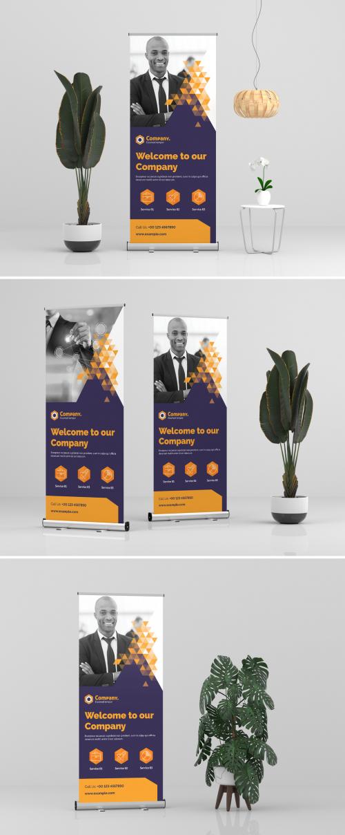 Roll-Up Banner Layout with Yellow Gradient Triangle Elements - 383380461