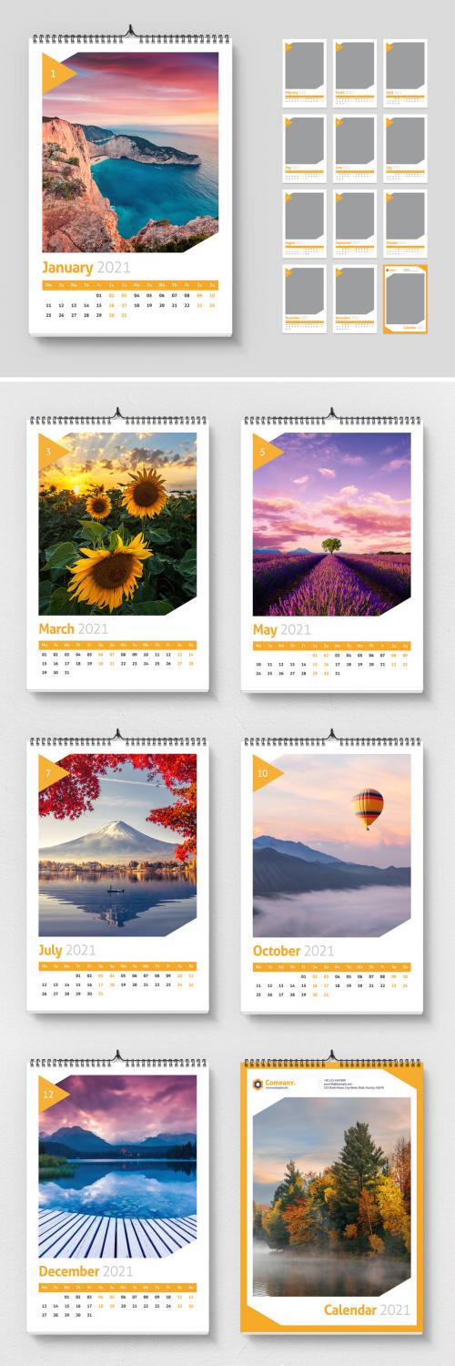 2021 Wall Calendar Layout with Yellow Triangle Elements - 383380512